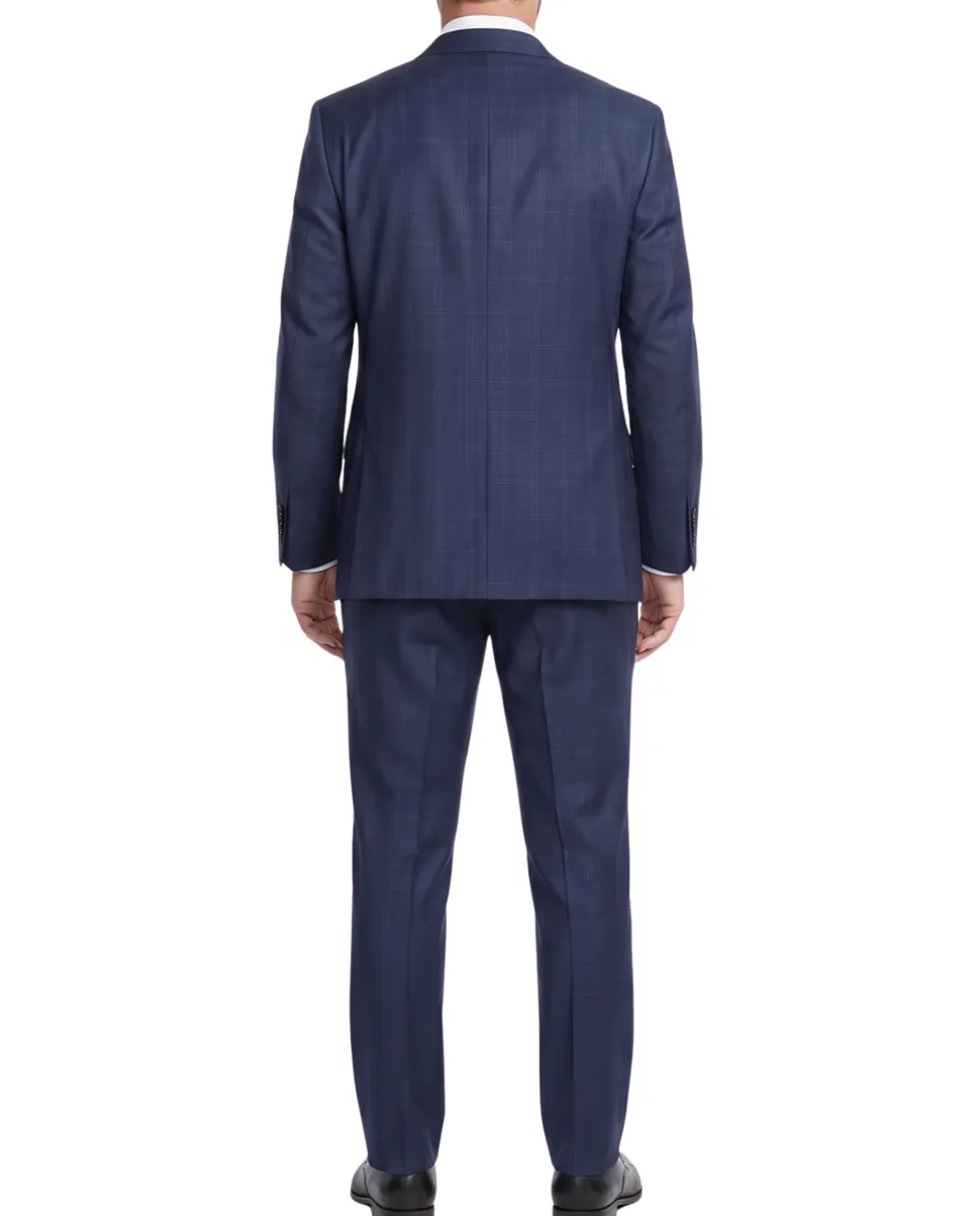 Sartoria Mazara Blue Plaid Windowpane Classic Fit Notch Lapel Wool blend 2 buttonSuit
