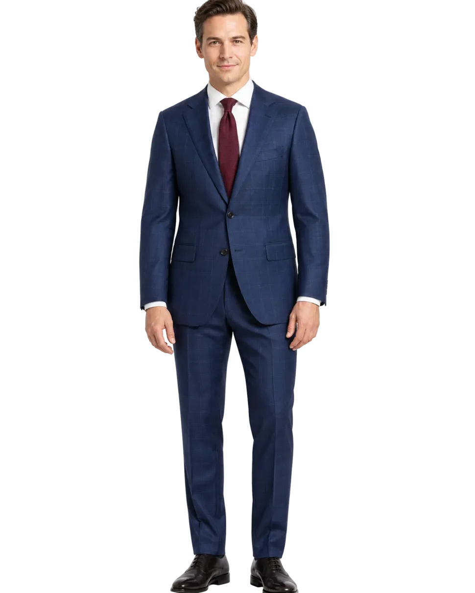 Sartoria Mazara Blue Plaid Windowpane Classic Fit Notch Lapel Wool blend 2 buttonSuit