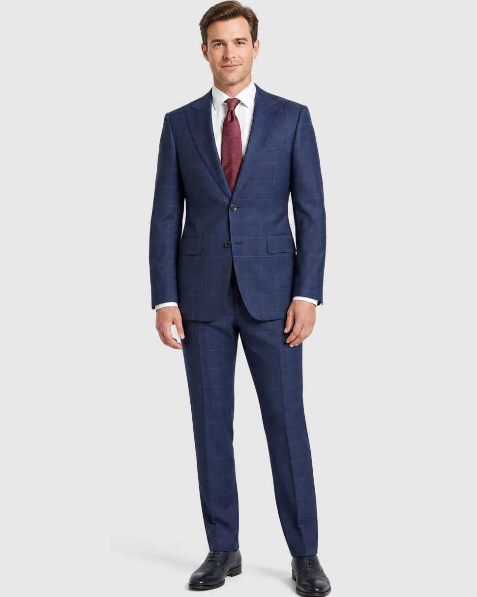 Sartoria Mazara Blue Plaid Windowpane Classic Fit Peak Lapel 2-Button Wool Suit