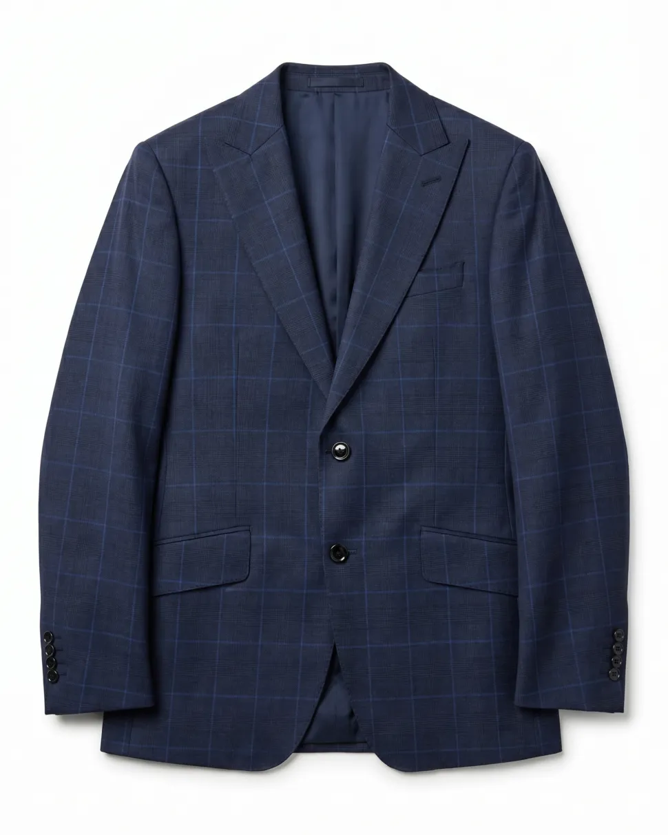 Sartoria Mazara Blue Plaid Windowpane Classic Fit Peak Lapel 2-Button Wool Suit