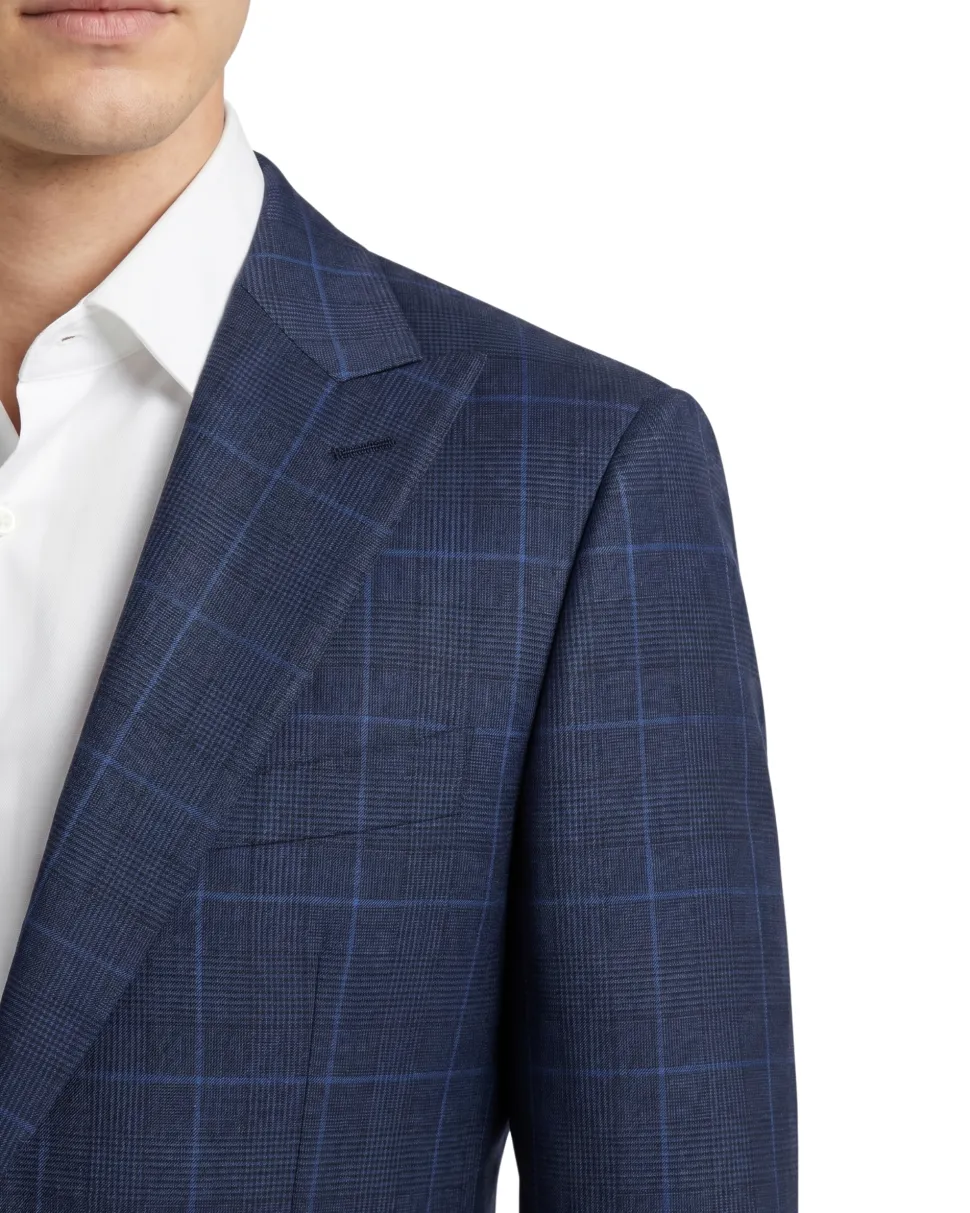 Sartoria Mazara Blue Plaid Windowpane Classic Fit Peak Lapel 2-Button Wool Suit