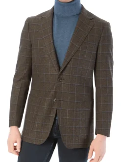 Sartoria Mazara Mens Classic Fit Brown & Blue Check Two Button Stretch Blazer Sportcoat