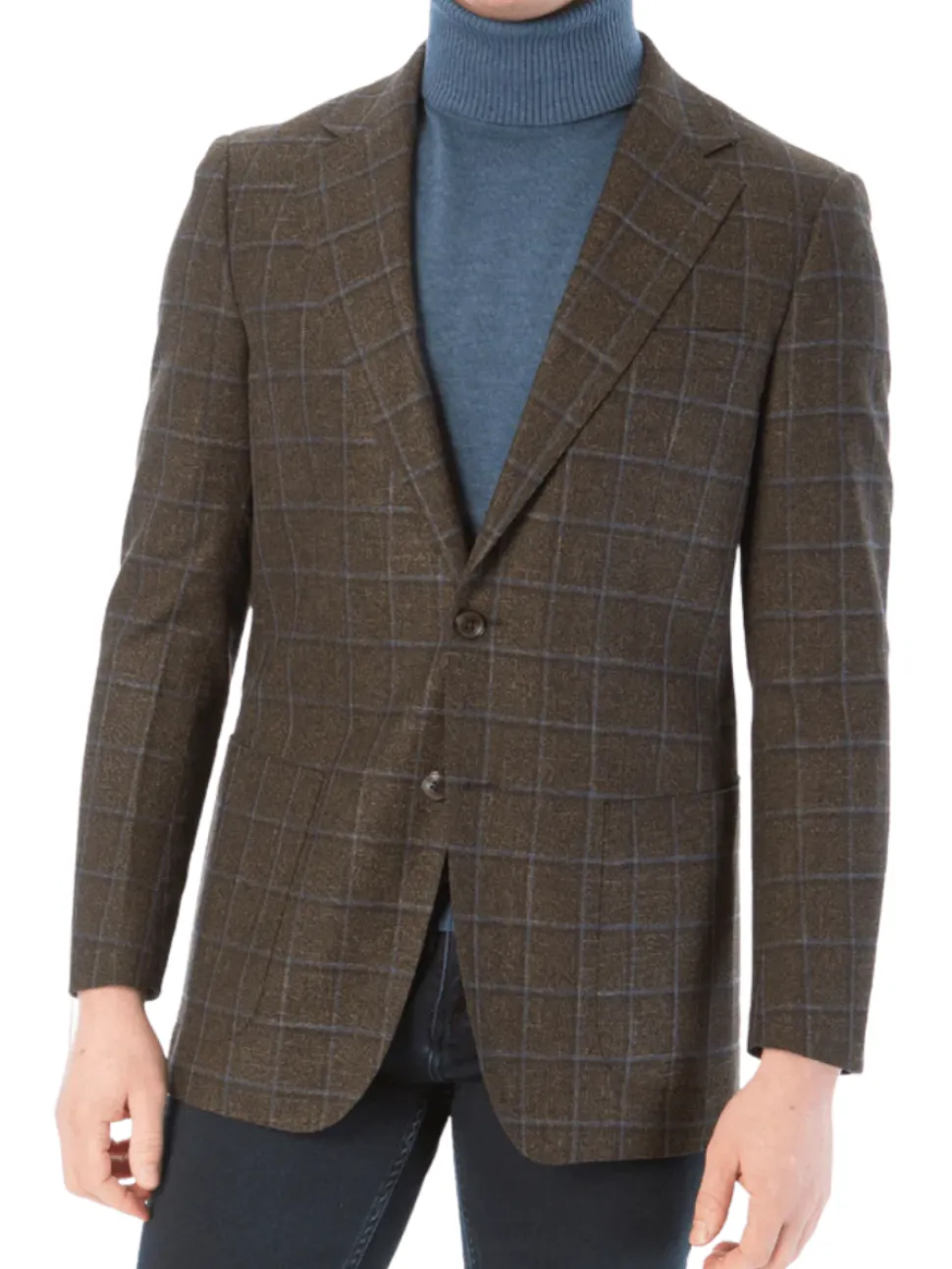 Sartoria Mazara Mens Classic Fit Brown & Blue Check Two Button Stretch Blazer Sportcoat