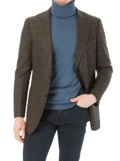 Sartoria Mazara Mens Classic Fit Brown & Blue Check Two Button Stretch Blazer Sportcoat