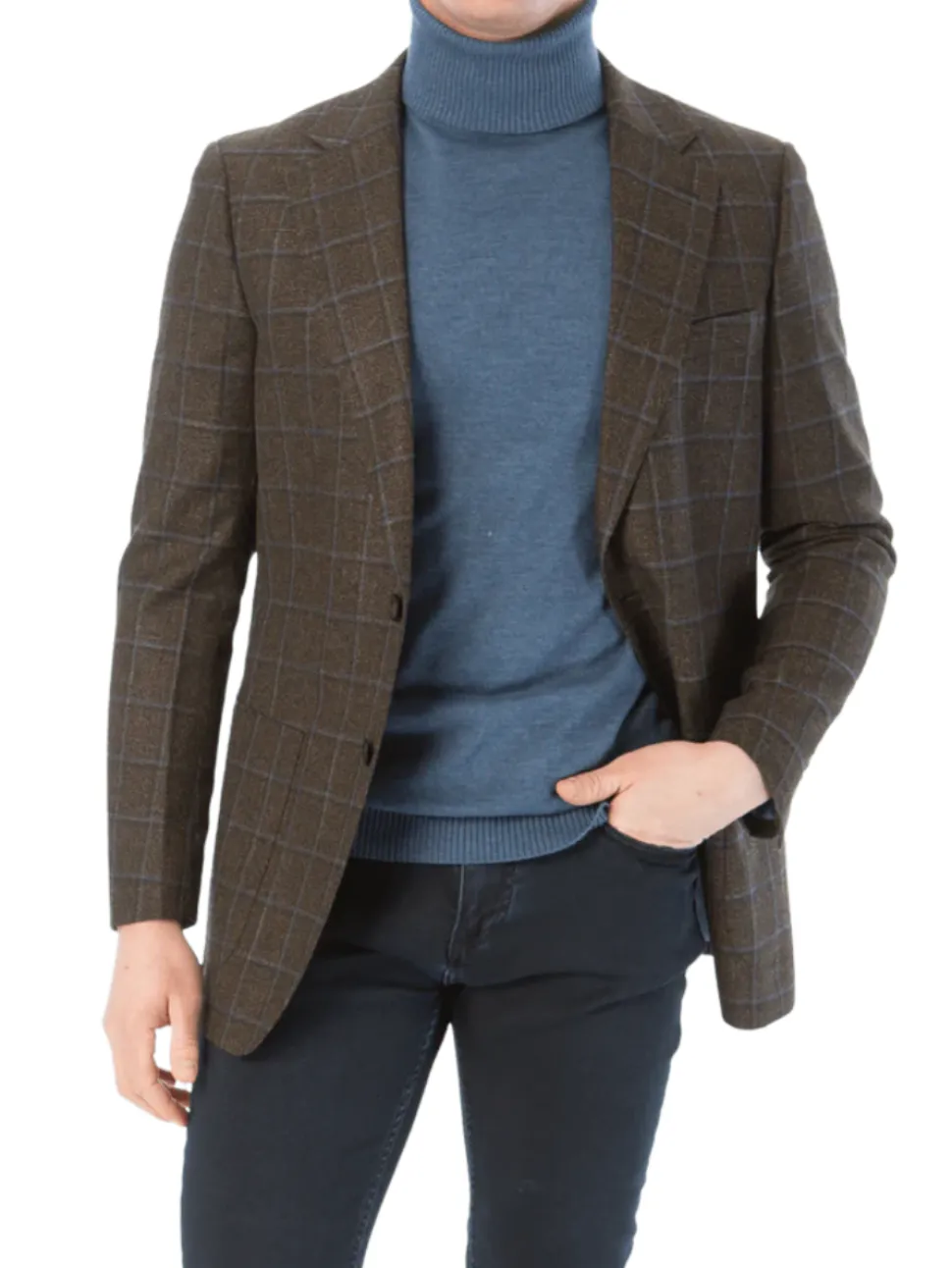 Sartoria Mazara Mens Classic Fit Brown & Blue Check Two Button Stretch Blazer Sportcoat
