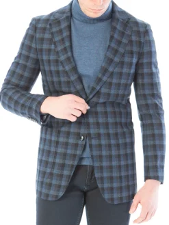 Sartoria Mazara Mens Classic Fit Black & Blue Check 100% Wool Blazer Sportcoat