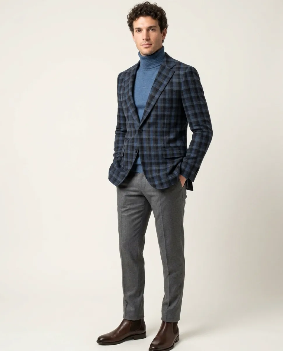 Sartoria Mazara Mens Classic Fit Black & Blue Check 100% Wool Blazer Sportcoat