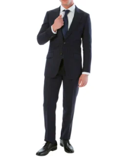 Sartoria Mazara Mens Classic Fit Navy Blue With Gray Pinstriped 100% Wool Suit With Peak Lapels