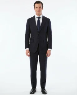 Sartoria Mazara Mens Classic Fit Navy Blue With Gray Pinstriped 100% Wool Suit With Peak Lapels