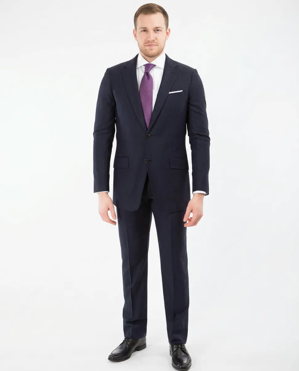Sartoria Mazara Mens Classic Fit Navy Mini Check 100% Wool 2 Piece Suit
