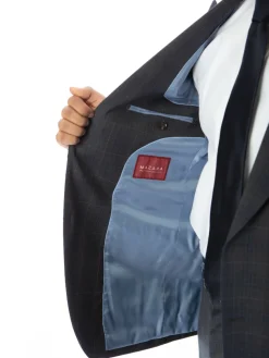 Sartoria Mazara Mens Classic Fit Gray With Blue Check 100% Wool Suit With Peak Lapels
