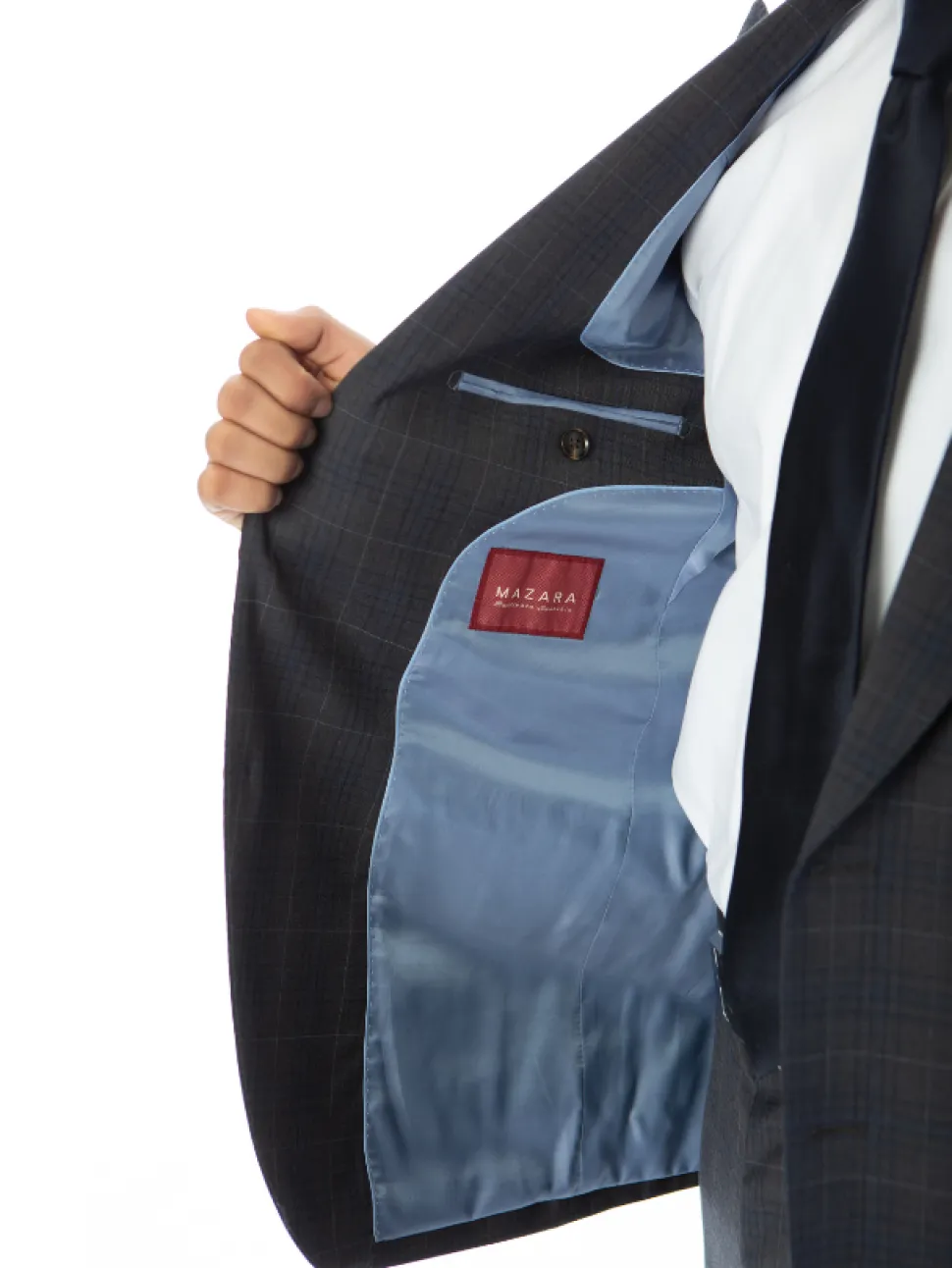 Sartoria Mazara Mens Classic Fit Gray With Blue Check 100% Wool Suit With Peak Lapels