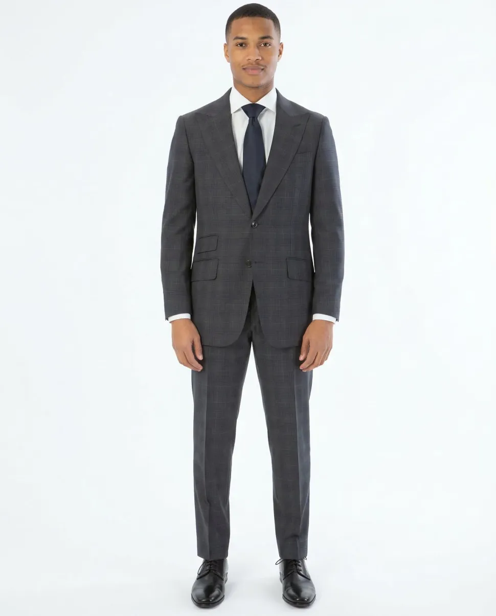 Sartoria Mazara Mens Classic Fit Gray With Blue Check 100% Wool Suit With Peak Lapels