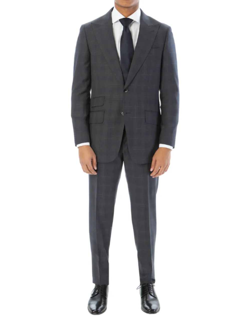Sartoria Mazara Mens Classic Fit Gray With Blue Check 100% Wool Suit With Peak Lapels