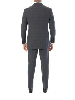 Sartoria Mazara Mens Classic Fit Gray With Blue Check 100% Wool Suit With Peak Lapels