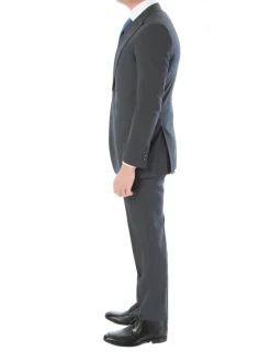 Sartoria Mazara Mens Classic Fit Charcoal Gray & Blue Check 100% Wool Suit With Peak Lapels