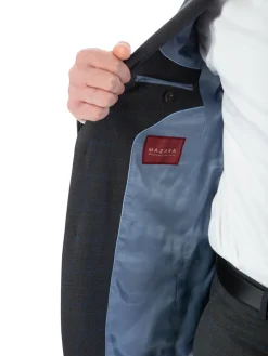 Sartoria Mazara Mens Classic Fit Charcoal Gray & Blue Check 100% Wool Suit With Peak Lapels