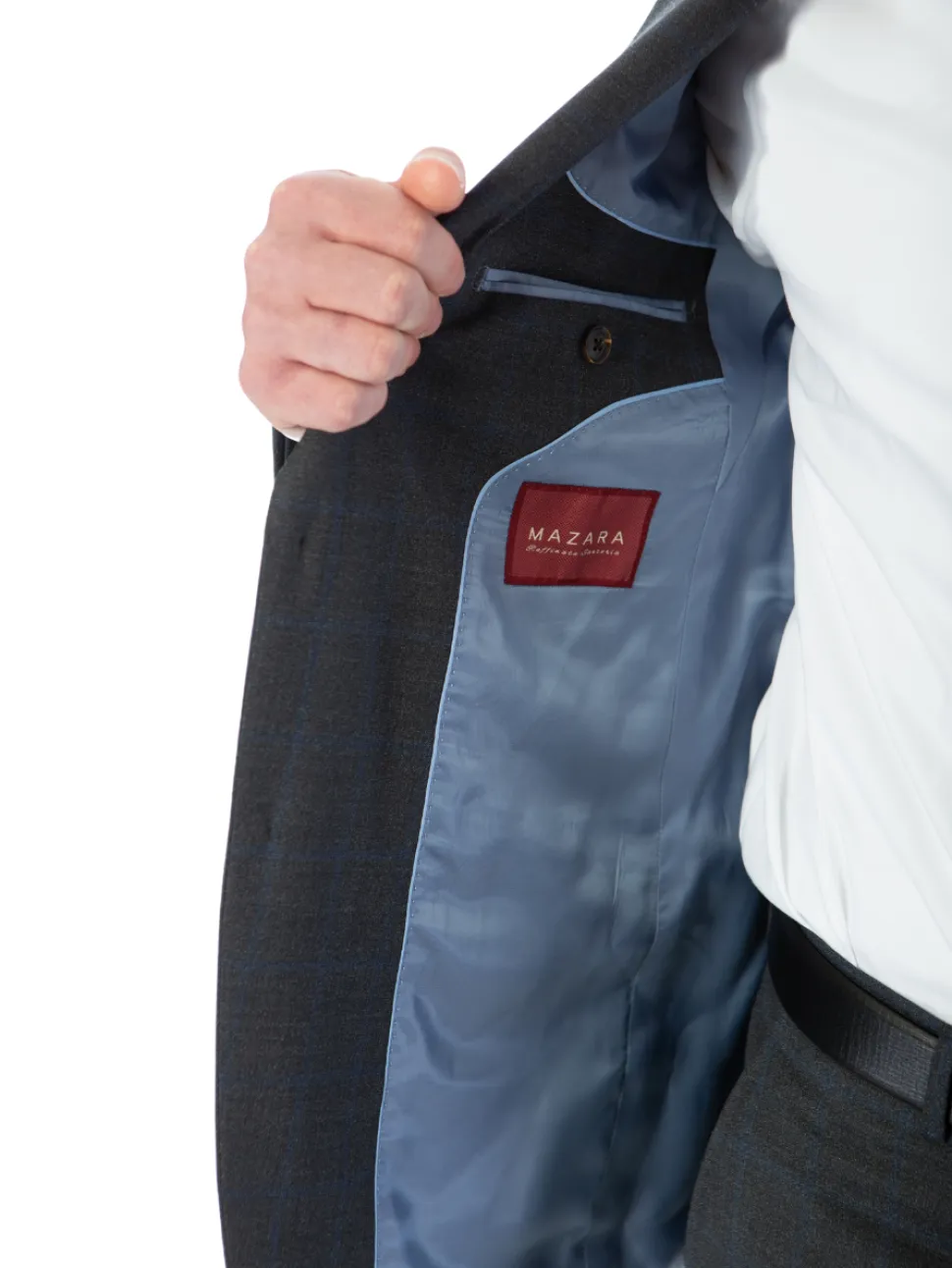 Sartoria Mazara Mens Classic Fit Charcoal Gray & Blue Check 100% Wool Suit With Peak Lapels