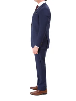 Sartoria Mazara Mens Classic Fit Navy Blue Plaid 100% Wool 2 Piece Suit