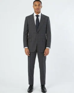 Sartoria Mazara Mens Gray With Blue Windowpane Slim Fit 100% Wool Suit With Peak Lapels
