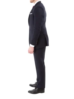 Sartoria Mazara Mens Navy Blue Textured Slim Fit Wool Blend 2 Piece Suit