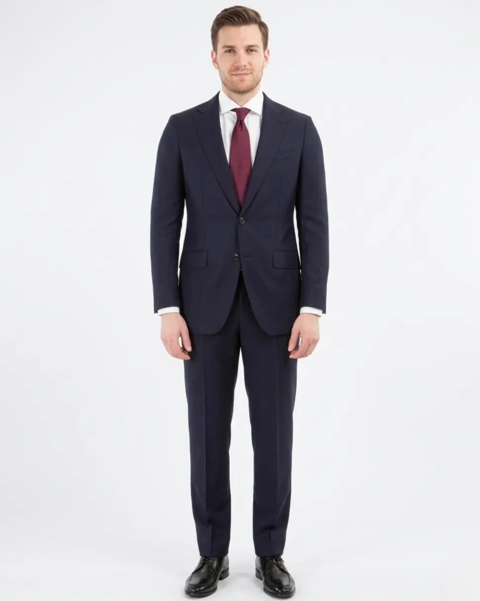 Sartoria Mazara Mens Navy Blue Textured Slim Fit Wool Silk 2 Piece Suit