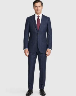 Sartoria Mazara Mens Navy Blue Plaid Slim Fit Wool Blend 2-Button Suit