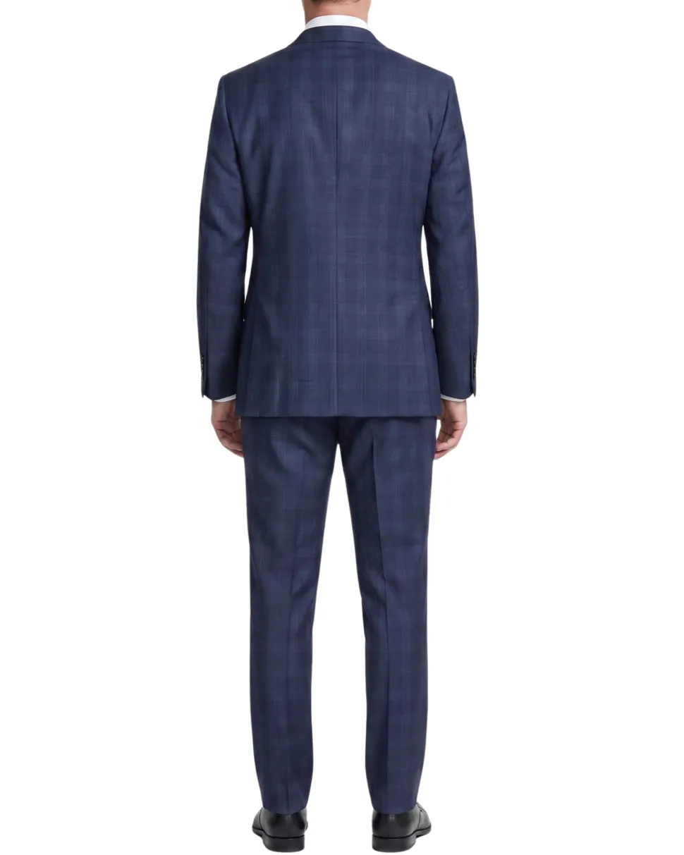 Sartoria Mazara Mens Navy Blue Plaid Slim Fit Wool Blend 2-Button Suit
