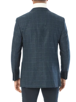 Sartoria Mazara Mens Slim Fit Blue With Green Check Two Button Stretch Blazer Sportcoat