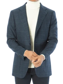 Sartoria Mazara Mens Slim Fit Blue With Green Check Two Button Stretch Blazer Sportcoat