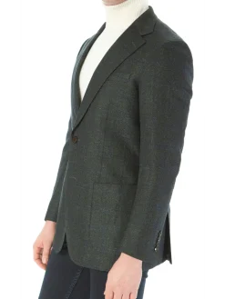 Sartoria Mazara Mens Slim Fit Green With Blue Check Two Button Stretch Blazer Sportcoat