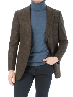 Sartoria Mazara Mens Slim Fit Brown With Blue Check Two Button Stretch Blazer Sportcoat