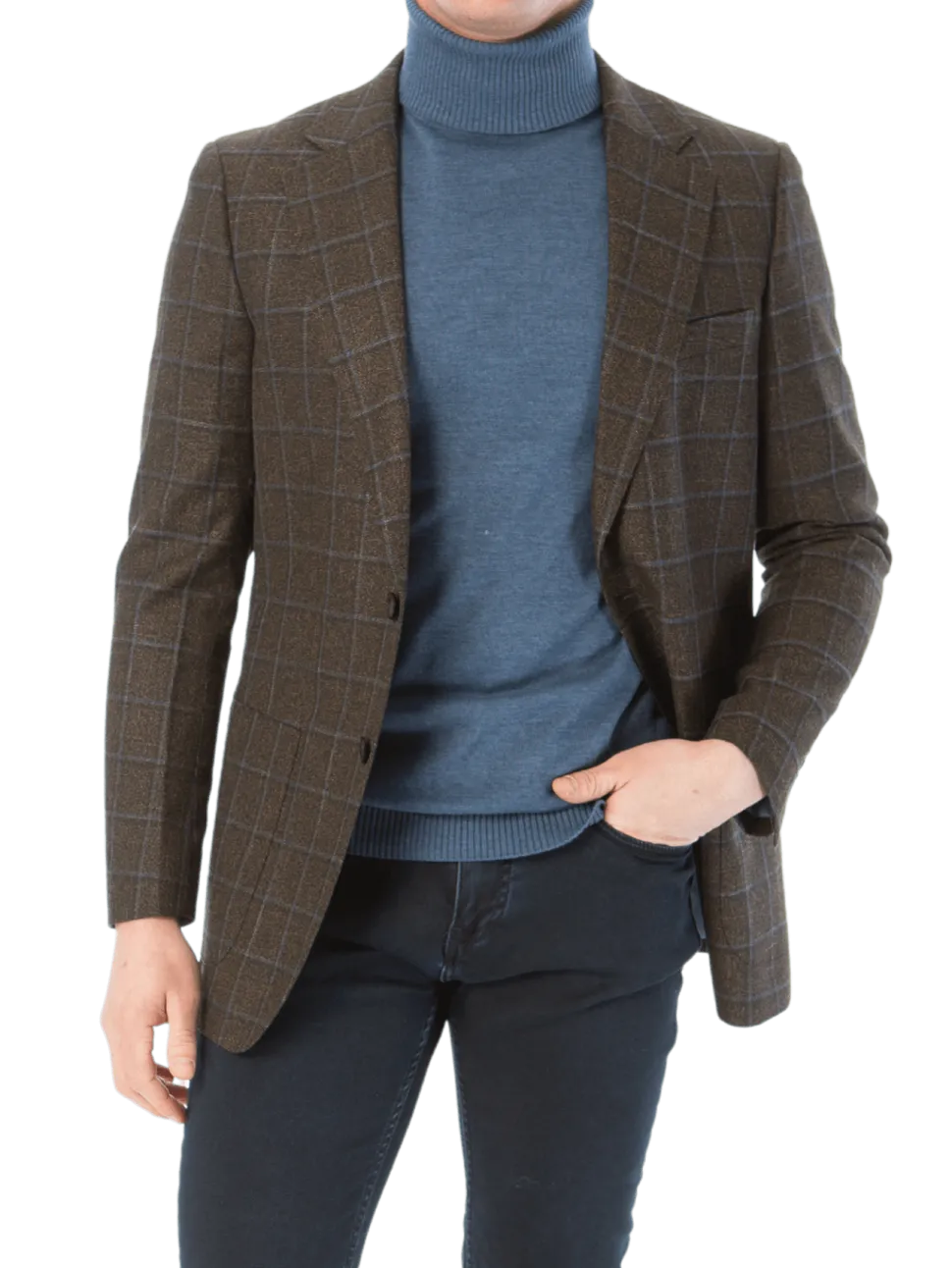 Sartoria Mazara Mens Slim Fit Brown With Blue Check Two Button Stretch Blazer Sportcoat