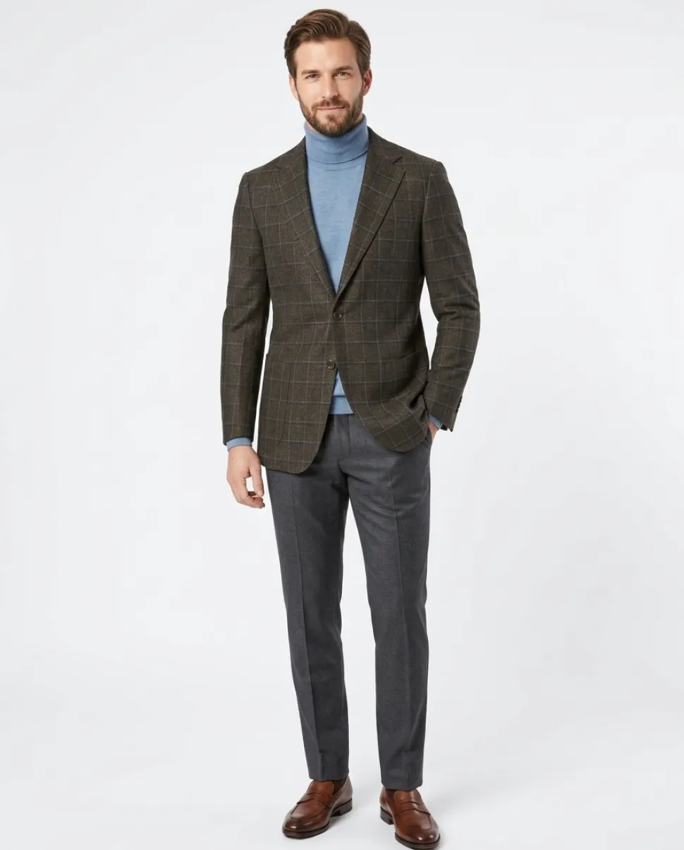 Sartoria Mazara Mens Slim Fit Brown With Blue Check Two Button Stretch Blazer Sportcoat