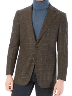 Sartoria Mazara Mens Slim Fit Brown With Blue Check Two Button Stretch Blazer Sportcoat