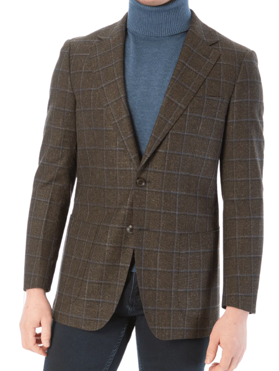 Sartoria Mazara Mens Slim Fit Brown With Blue Check Two Button Stretch Blazer Sportcoat