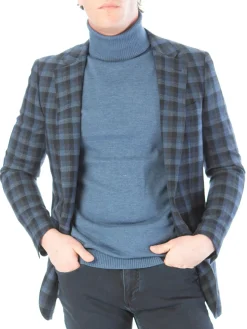 Sartoria Mazara Mens Slim Fit Black & Blue Check 100% Wool Blazer Sportcoat