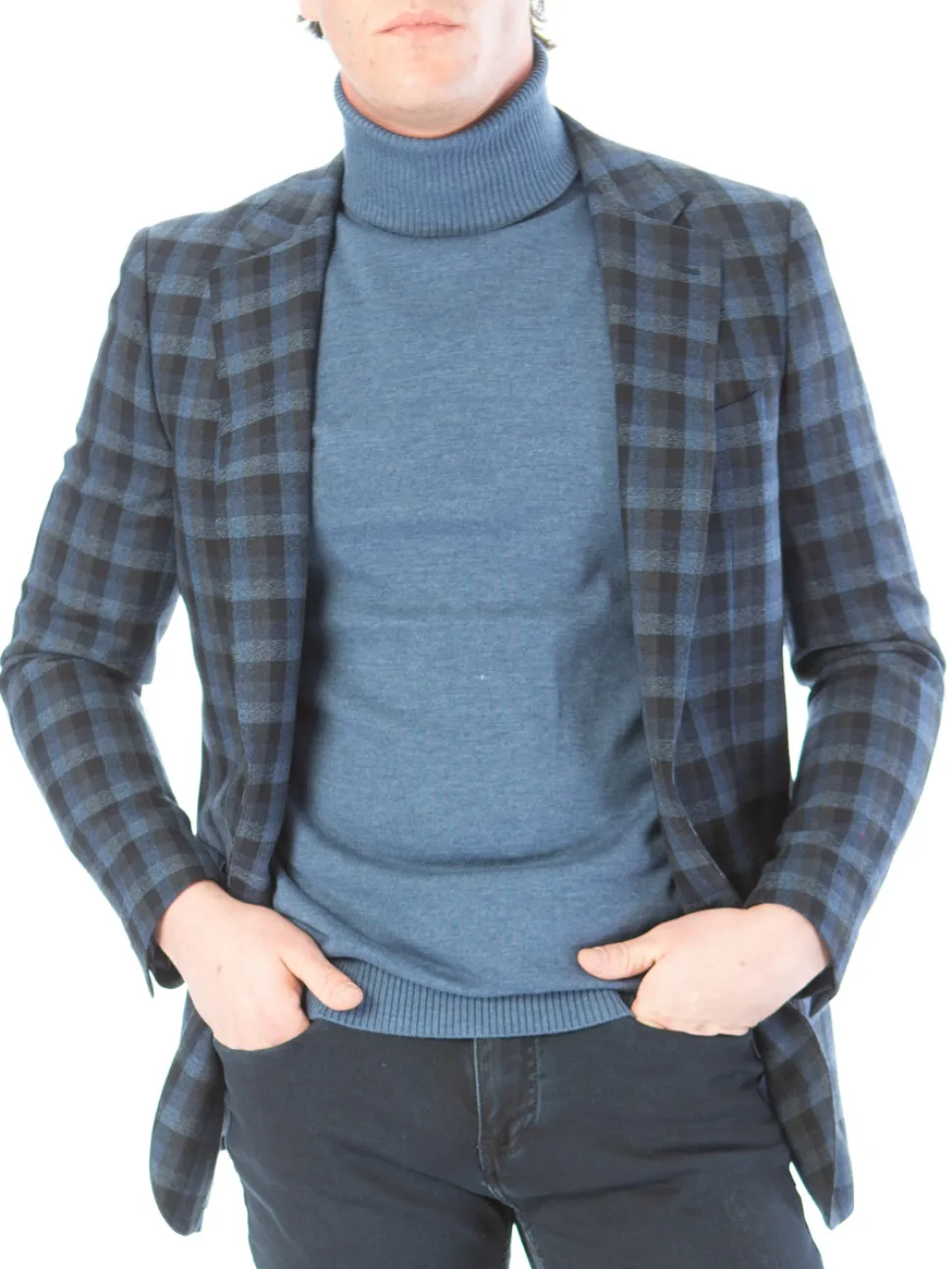 Sartoria Mazara Mens Slim Fit Black & Blue Check 100% Wool Blazer Sportcoat