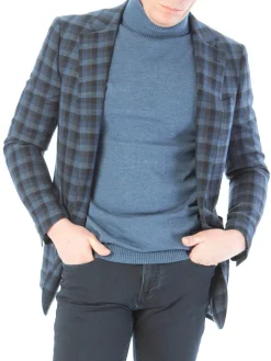 Sartoria Mazara Mens Slim Fit Black & Blue Check 100% Wool Blazer Sportcoat