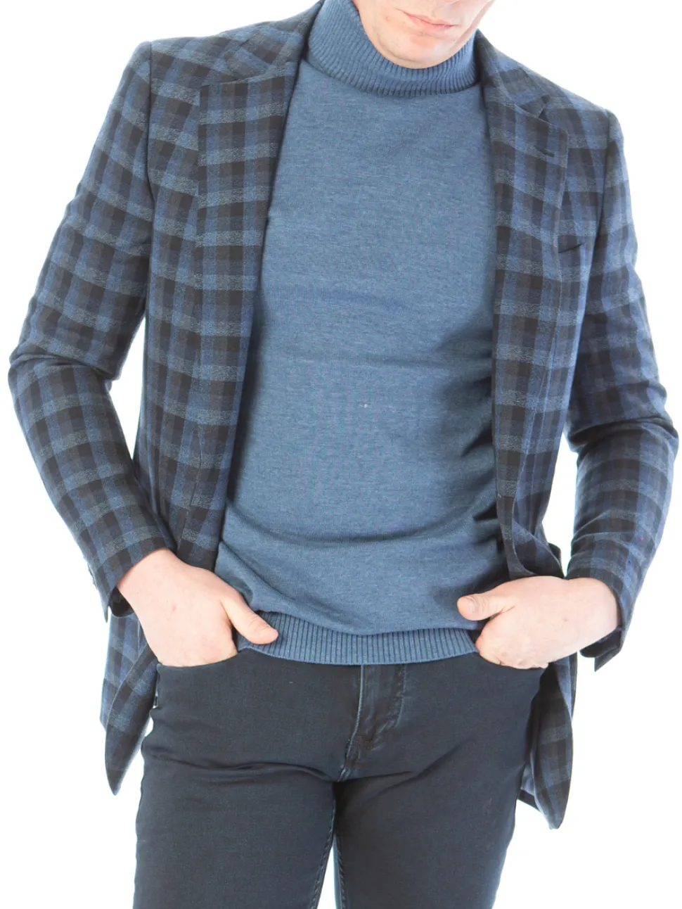 Sartoria Mazara Mens Slim Fit Black & Blue Check 100% Wool Blazer Sportcoat