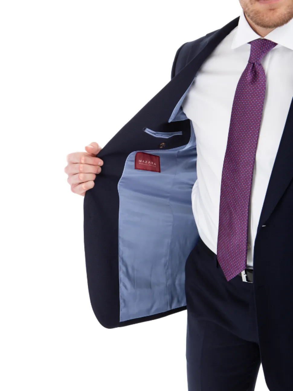Sartoria Mazara Mens Slim Fit Navy Blue Mini Check 100% Wool 2 Piece Suit