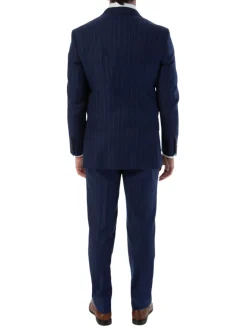 Sartoria Mazara Mens Slim Fit Blue Striped 100% Wool Suit With Peak Lapels