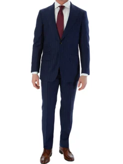 Sartoria Mazara Mens Slim Fit Blue Striped 100% Wool Suit With Peak Lapels