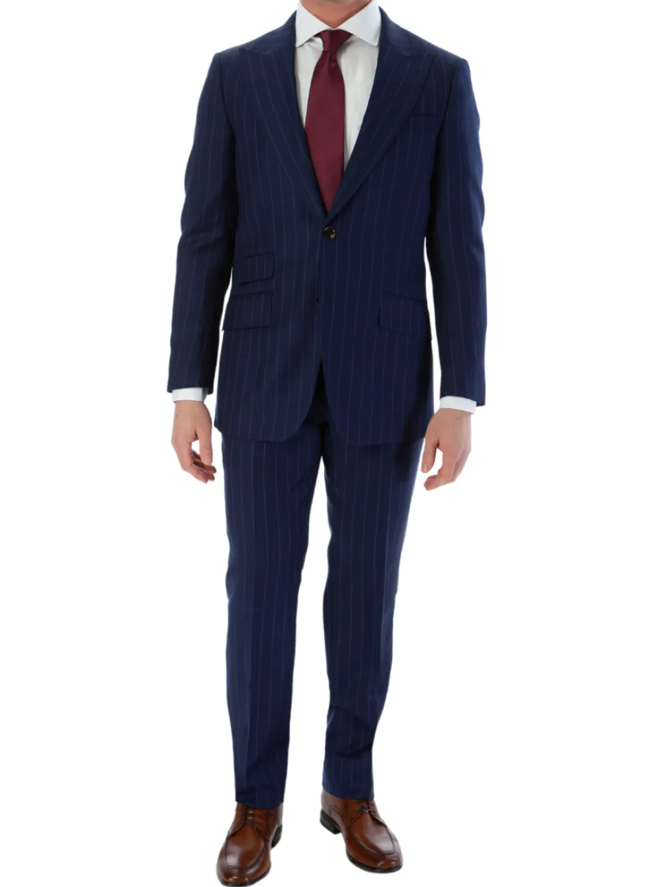 Sartoria Mazara Mens Slim Fit Blue Striped 100% Wool Suit With Peak Lapels