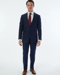 Sartoria Mazara Mens Slim Fit Blue Striped 100% Wool Suit With Peak Lapels