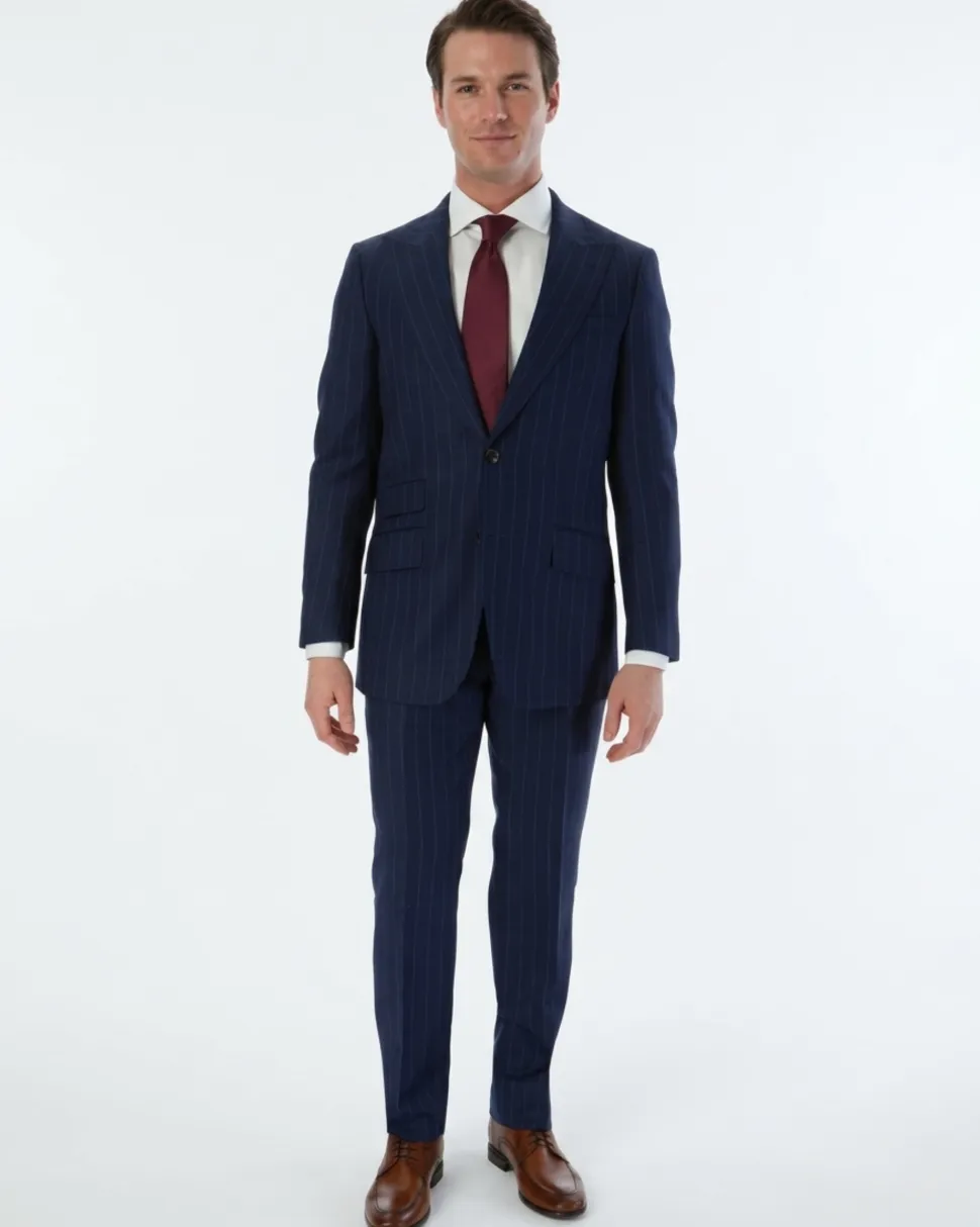 Sartoria Mazara Mens Slim Fit Blue Striped 100% Wool Suit With Peak Lapels