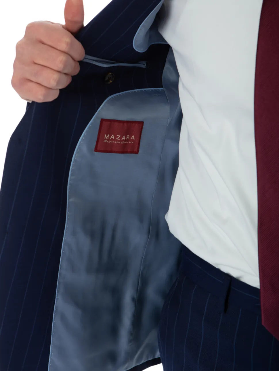 Sartoria Mazara Mens Slim Fit Blue Striped 100% Wool Suit With Peak Lapels