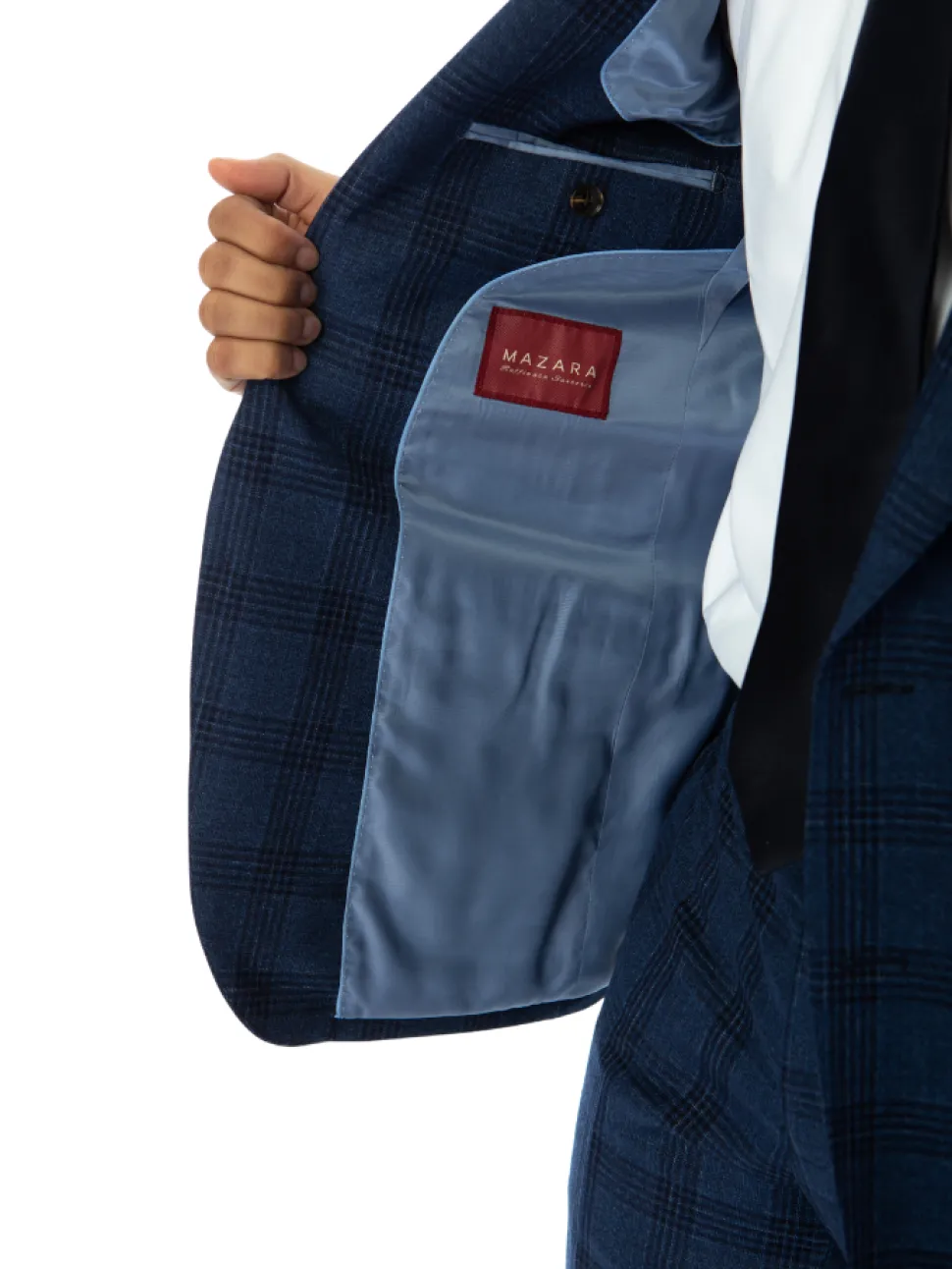 Sartoria Mazara Mens Slim Fit Navy Blue With Burgundy Check 100% Wool Suit With Peak Lapels