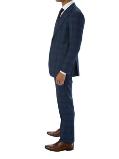 Sartoria Mazara Mens Slim Fit Navy Blue With Burgundy Check 100% Wool Suit With Peak Lapels