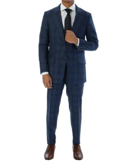 Sartoria Mazara Mens Slim Fit Navy Blue With Burgundy Check 100% Wool Suit With Peak Lapels
